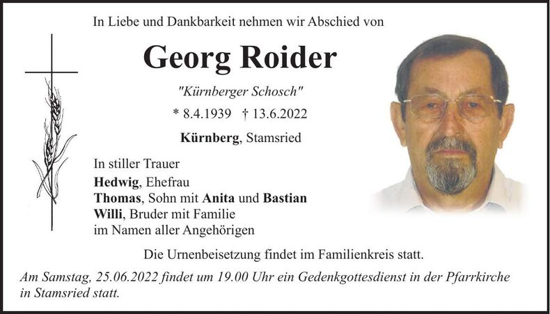 Traueranzeige Georg Roider