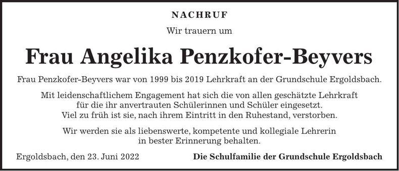 Traueranzeige Angelika Penzkofer-Beyvers