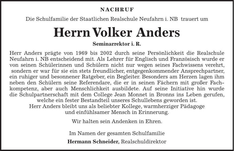 Traueranzeige Volker Anders