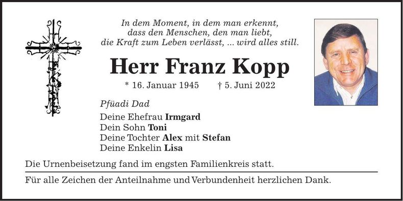 Traueranzeige Franz Kopp
