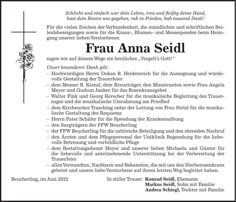 Traueranzeige Anna Seidl