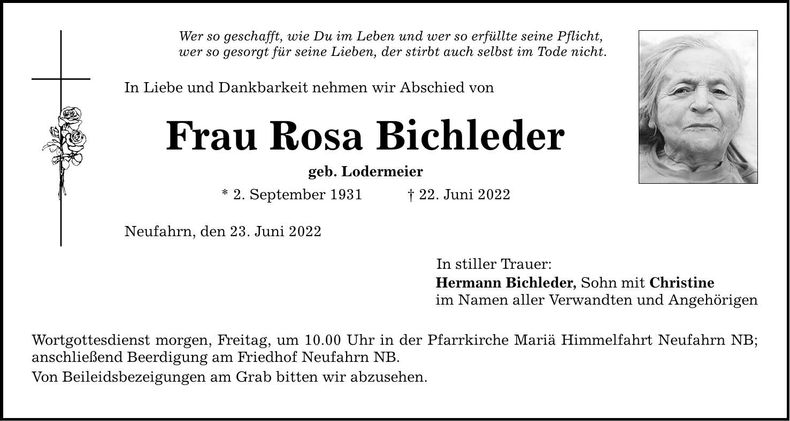 Traueranzeige Rosa Bichleder