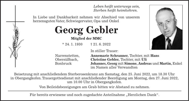 Traueranzeige Georg Gebler
