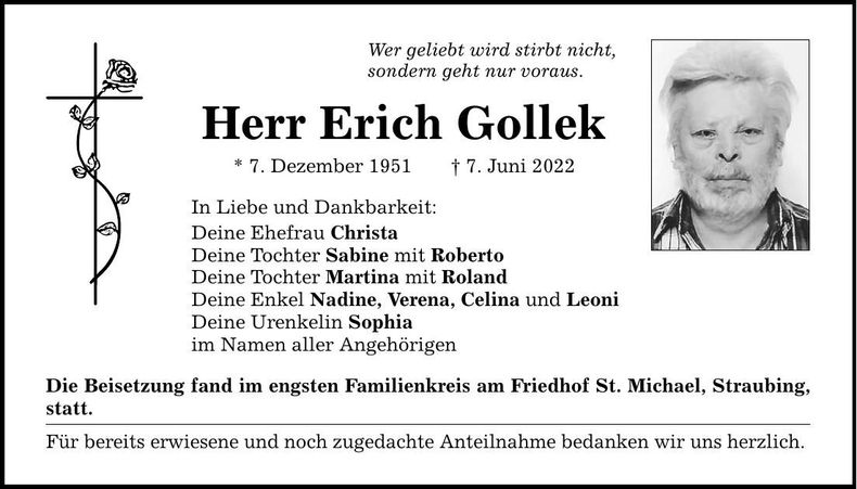 Traueranzeige Erich Gollek