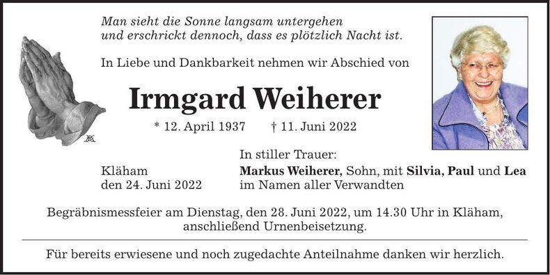 Traueranzeige Irmgard Weiherer