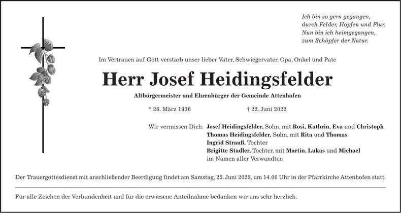 Traueranzeige Josef Heidingsfelder