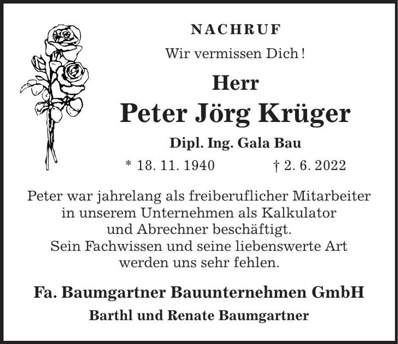 Traueranzeige Peter Jörg Krüger