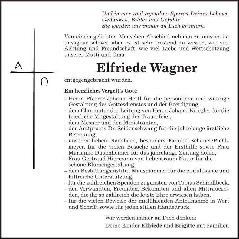 Traueranzeige Elfriede Wagner