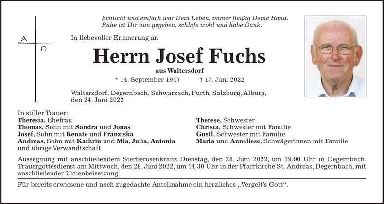 Traueranzeige Josef Fuchs