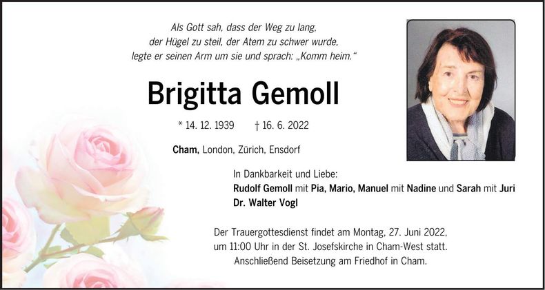 Traueranzeige Brigitta Gemoll