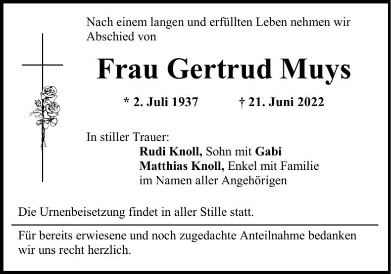 Traueranzeige Gertrud Muys