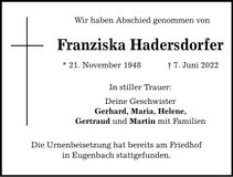 Traueranzeige Franziska Hadersdorfer