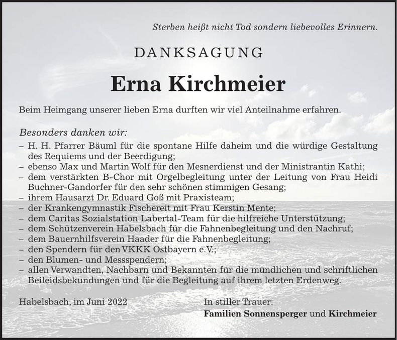 Traueranzeige Erna Kirchmeier