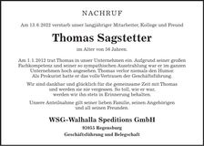Traueranzeige Thomas Sagstetter