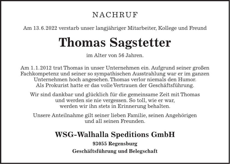 Traueranzeige Thomas Sagstetter