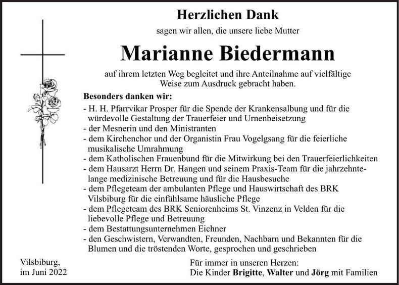 Traueranzeige Marianne Biedermann