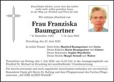 Traueranzeige Franziska Baumgartner