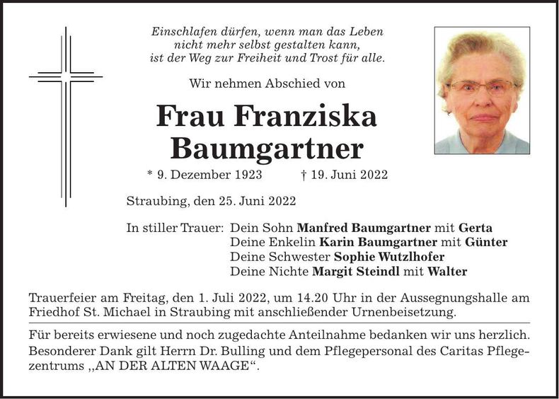 Traueranzeige Franziska Baumgartner