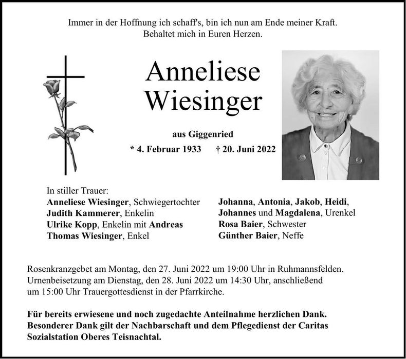 Traueranzeige Annelies Wiesinger
