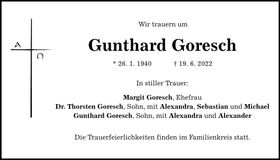 Traueranzeige Gunthard Goresch