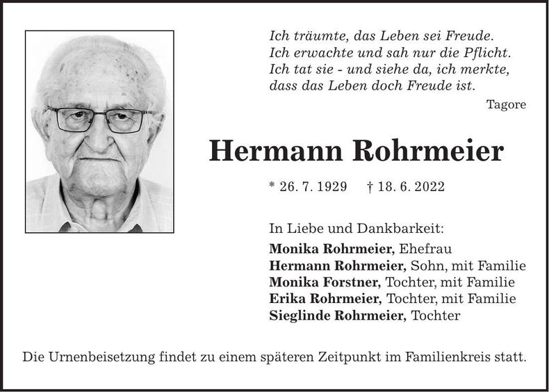 Traueranzeige Hermann Rohrmeier