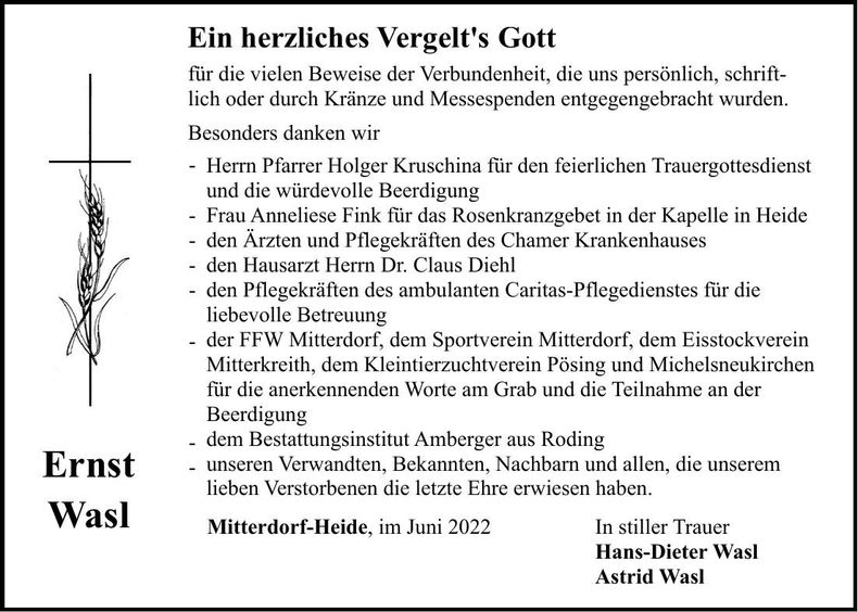 Traueranzeige Ernst Wasl