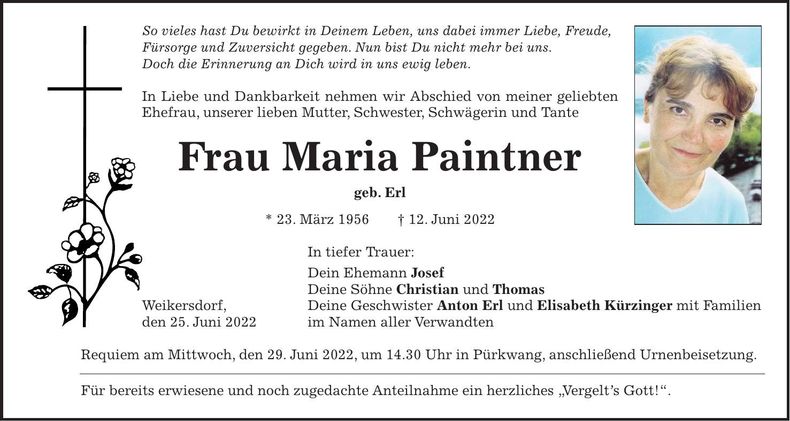 Traueranzeige Maria Paintner