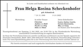 Traueranzeige Helga Rosina Scheckenhofer