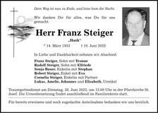 Traueranzeige Franz Steiger