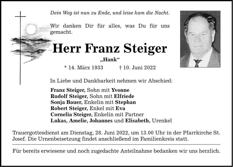 Traueranzeige Franz Steiger