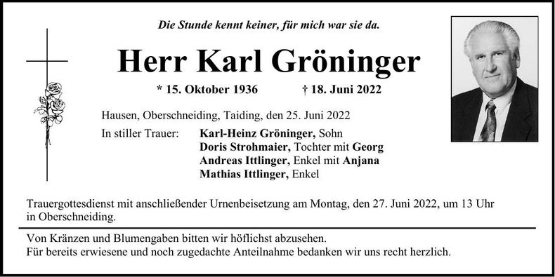 Traueranzeige Karl Gröninger