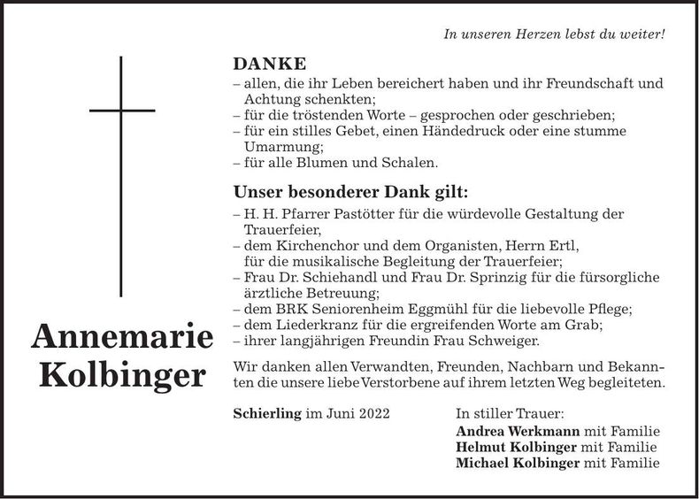 Traueranzeige Annemarie Kolbinger
