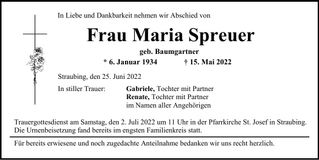 Traueranzeige Maria Spreuer