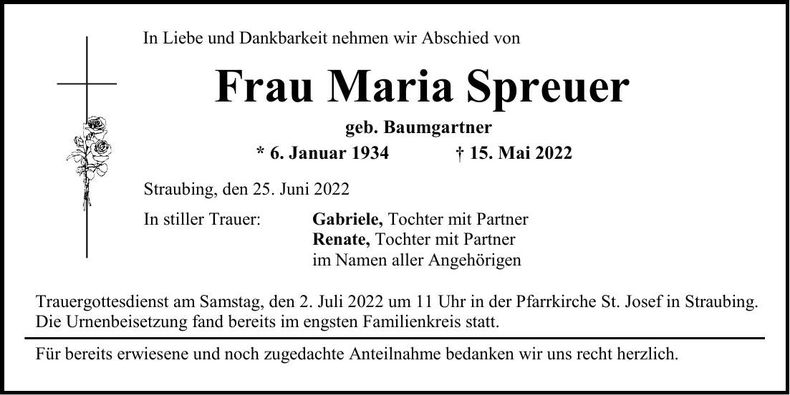 Traueranzeige Maria Spreuer