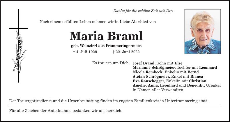 Traueranzeige Maria Braml