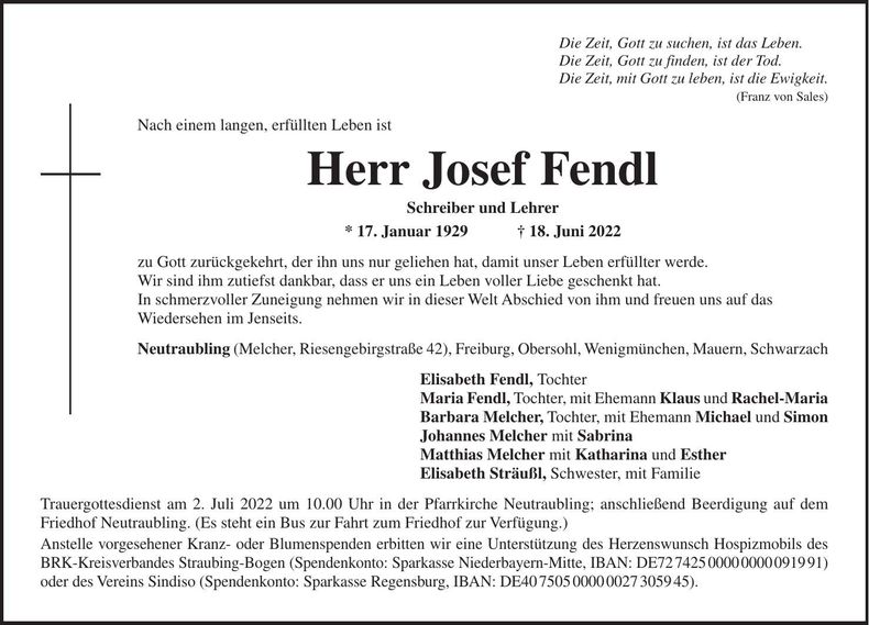 Traueranzeige Josef Fendl