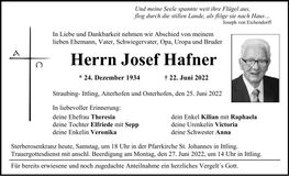 Traueranzeige Josef Hafner
