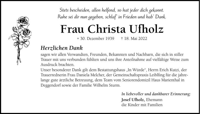 Traueranzeige Christa Ufholz