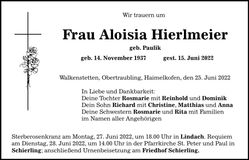 Traueranzeige Aloisia Hierlmeier