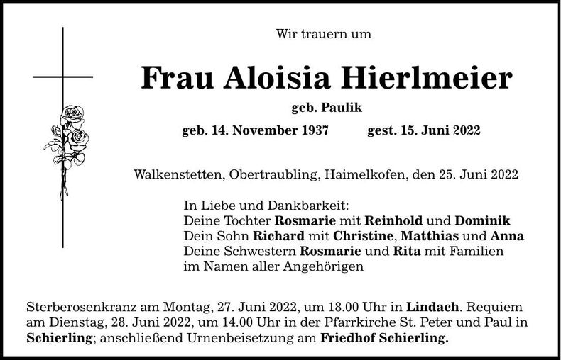 Traueranzeige Aloisia Hierlmeier