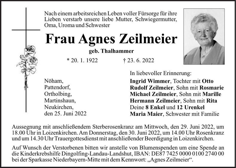Traueranzeige Agnes Zeilmeier