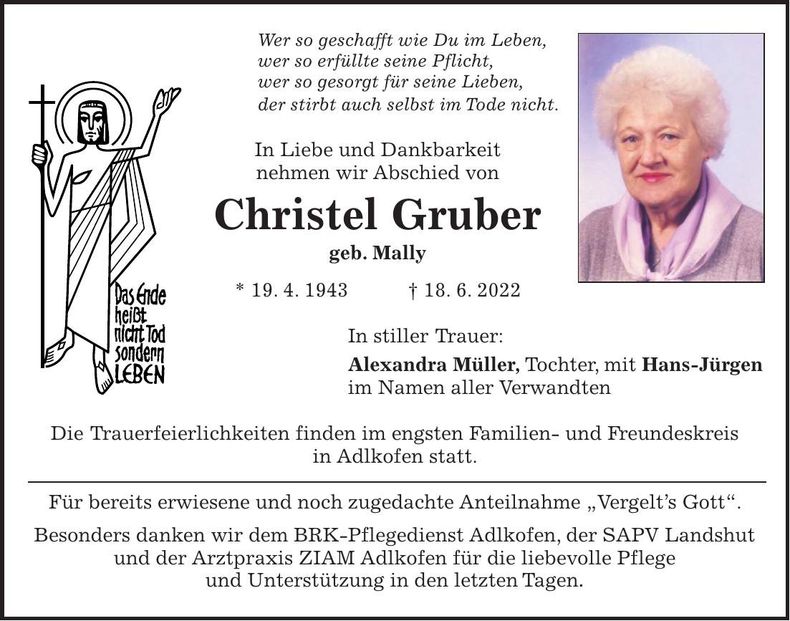 Traueranzeige Christel Gruber
