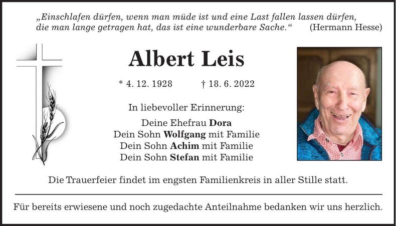 Traueranzeige Albert Leis