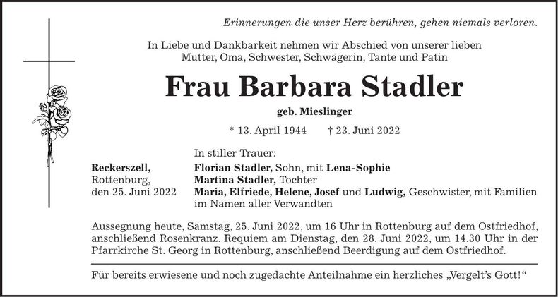 Traueranzeige Barbara Stadler