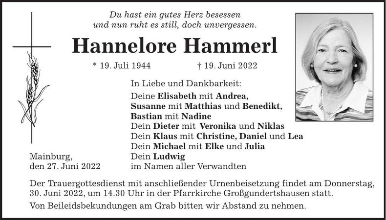 Traueranzeige Hannelore Hammerl