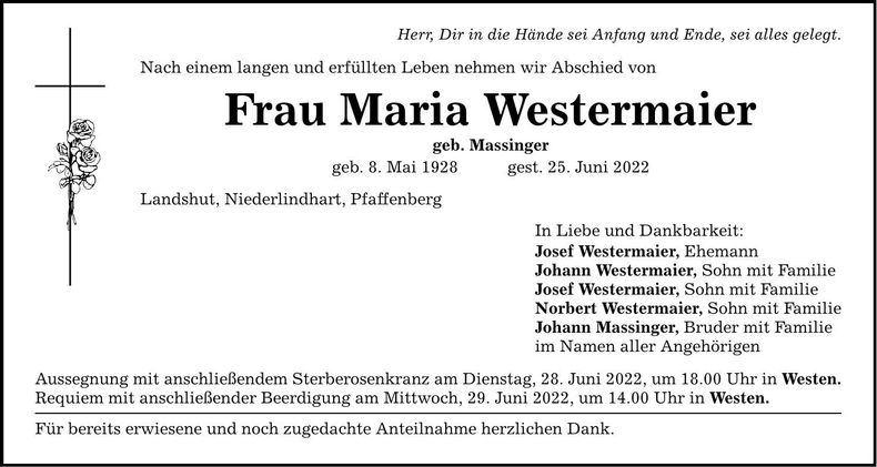 Traueranzeige Maria Westermaier