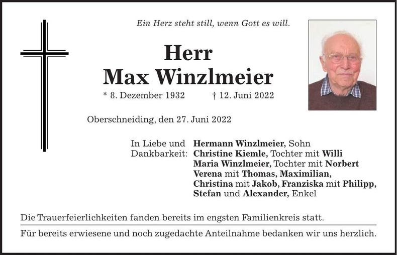 Traueranzeige Max Winzlmeier