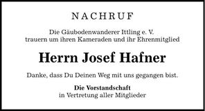 Traueranzeige Josef Hafner