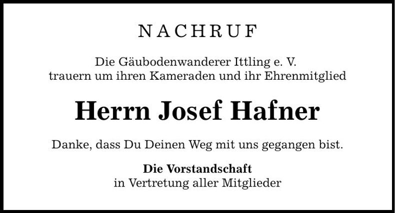 Traueranzeige Josef Hafner