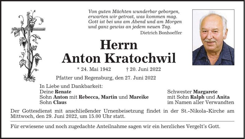 Traueranzeige Anton Kratochwil
